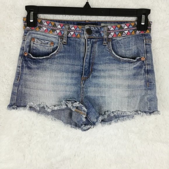Aeropostale Womens Shorts High Waisted Shorty Denim Blue Light‎ Wash Embroider 4 - Picture 1 of 9